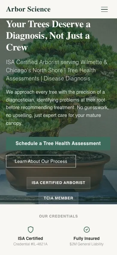 Arbor Science design on a phone, sample site for Arbor Science
