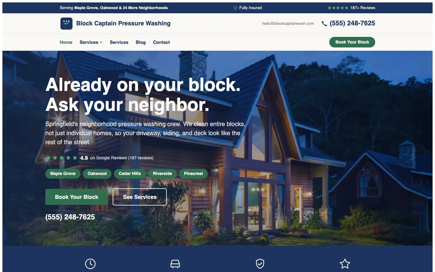 Block Captain design on a laptop, sample site for Block Captain Pressure Washing