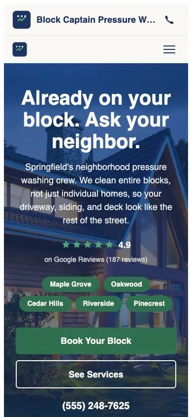 Block Captain design on a phone, sample site for Block Captain Pressure Washing
