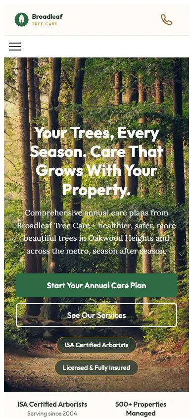 Broadleaf design on a phone, sample site for Broadleaf Tree Care