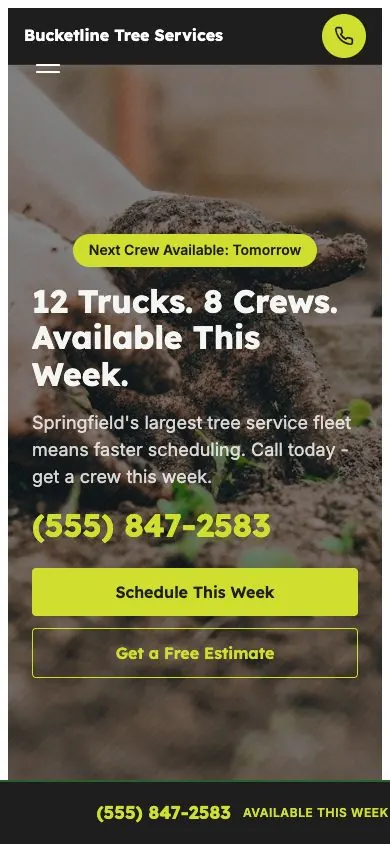 Bucketline design on a phone, sample site for Bucketline Tree Services