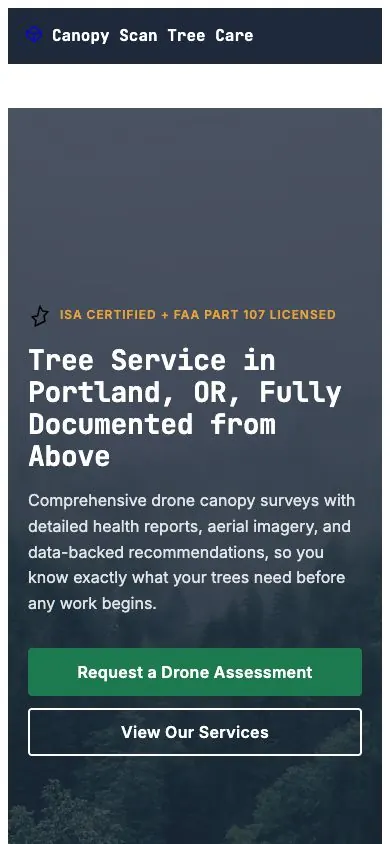 Canopy Scan design on a phone, sample site for Canopy Scan Tree Care