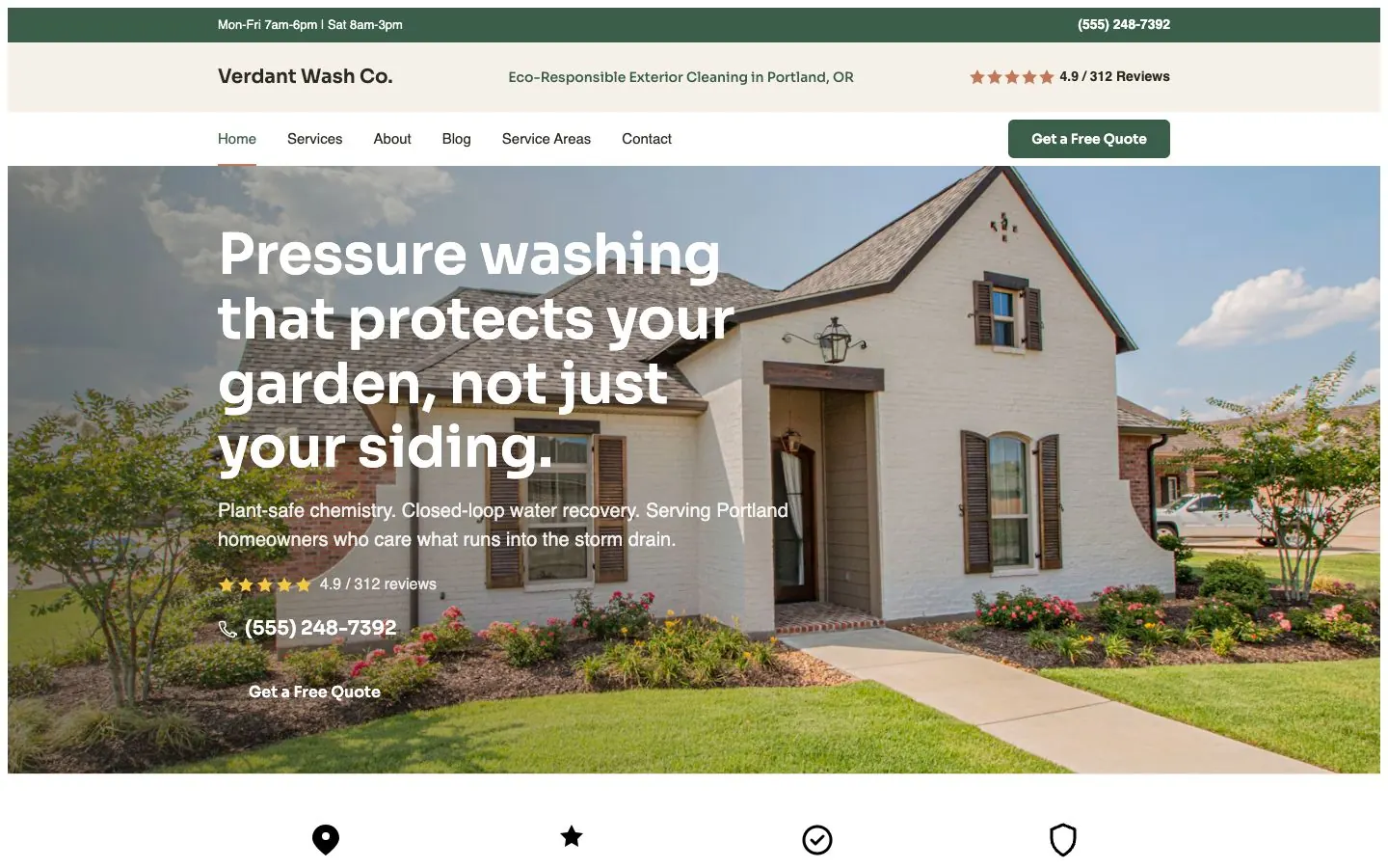 Clean Green design on a laptop, sample site for Verdant Wash Co.