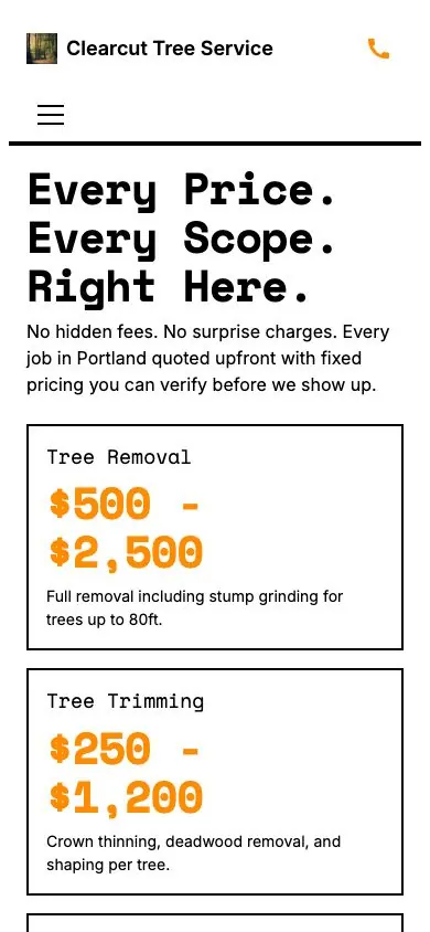 Clearcut design on a phone, sample site for Clearcut Tree Service
