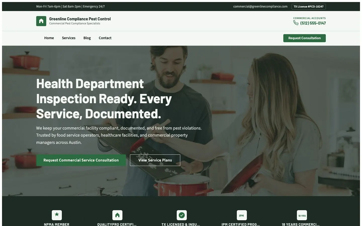 Compliance Contract design on a laptop, sample site for Greenline Compliance Pest Control