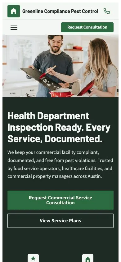 Compliance Contract design on a phone, sample site for Greenline Compliance Pest Control