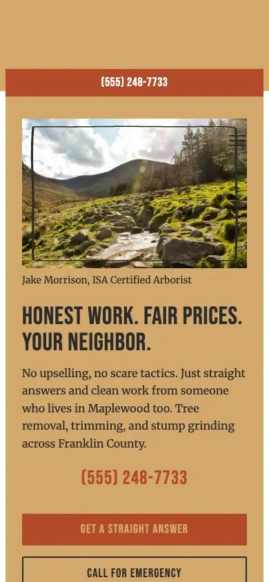 Felled design on a phone, sample site for Felled Tree Service