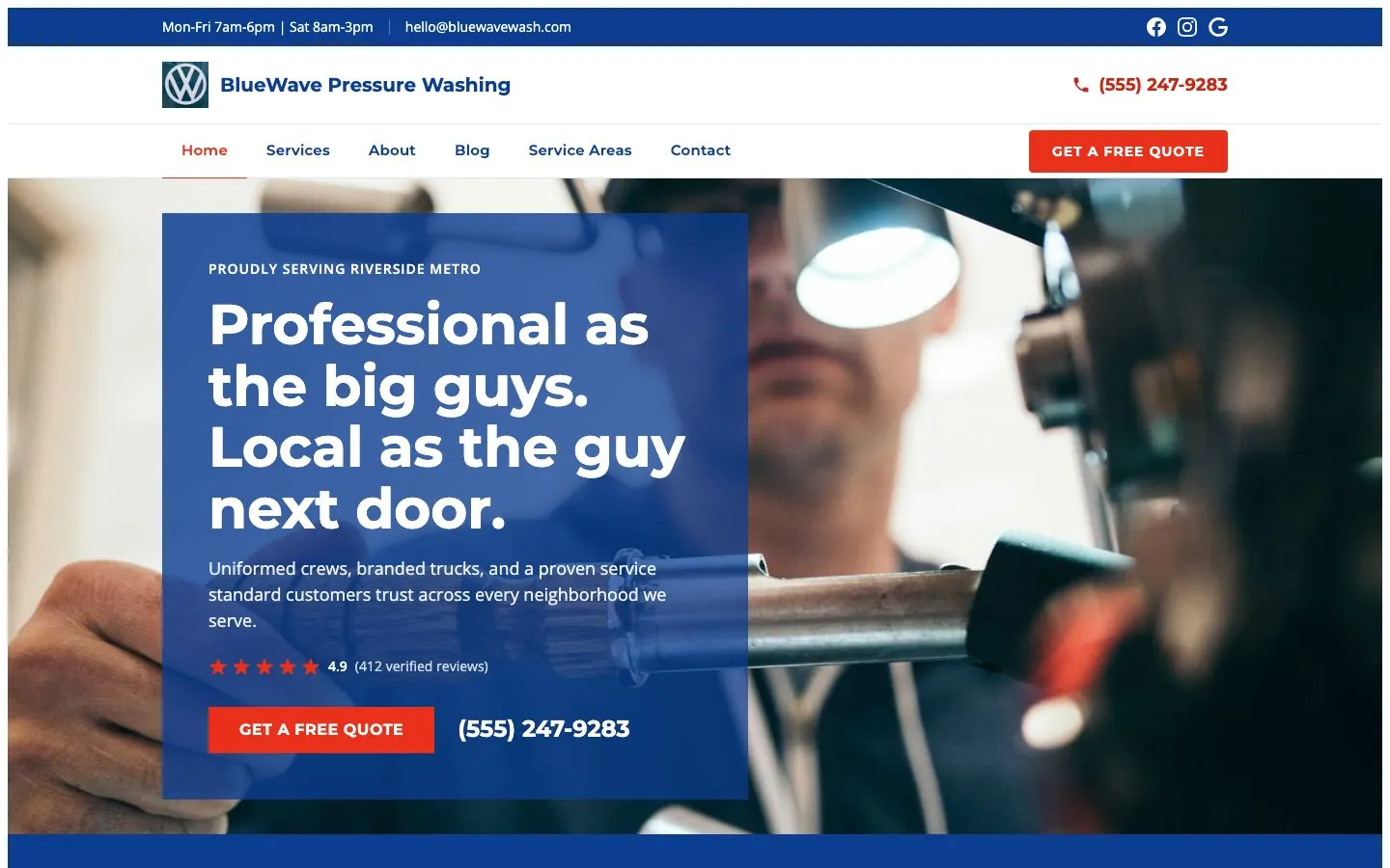 Franchise Ready design on a laptop, sample site for BlueWave Pressure Washing