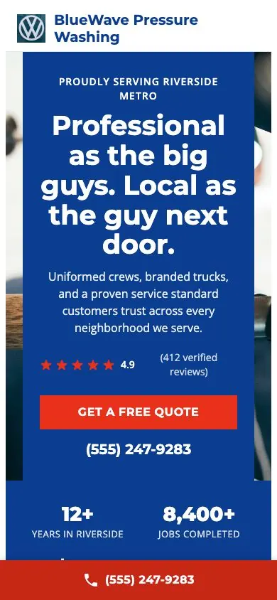 Franchise Ready design on a phone, sample site for BlueWave Pressure Washing