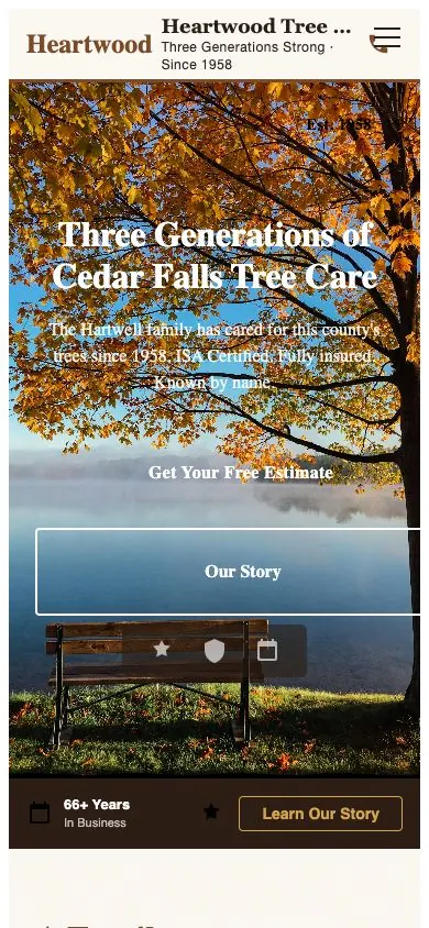 Heartwood design on a phone, sample site for Heartwood Tree & Arbor Co.
