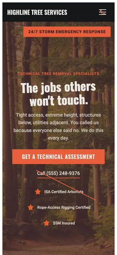 Highline design on a phone, sample site for Highline Tree Services