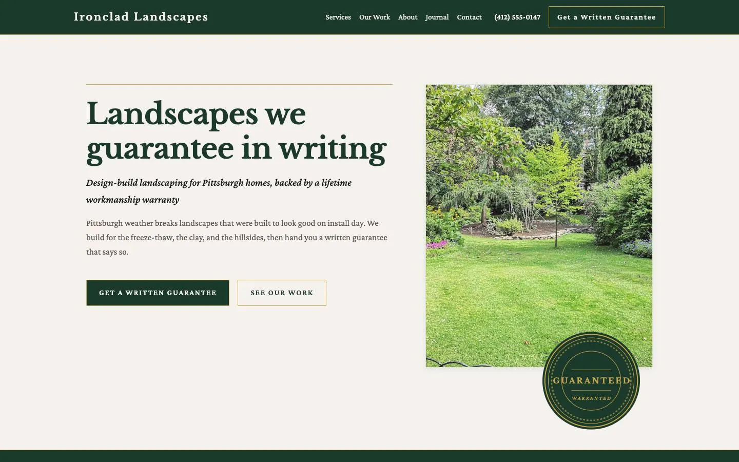Iron Guarantee design on a laptop, sample site for Ironclad Landscapes