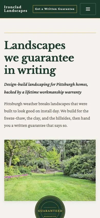 Iron Guarantee design on a phone, sample site for Ironclad Landscapes
