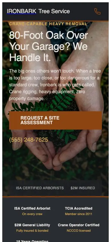 Ironbark design on a phone, sample site for Ironbark Tree Service