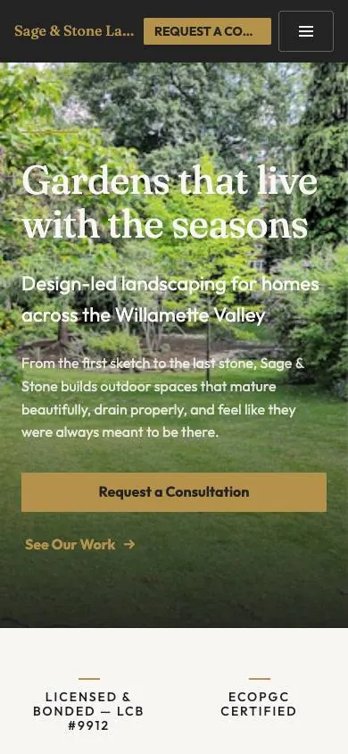 Living Landscape design on a phone, sample site for Sage & Stone