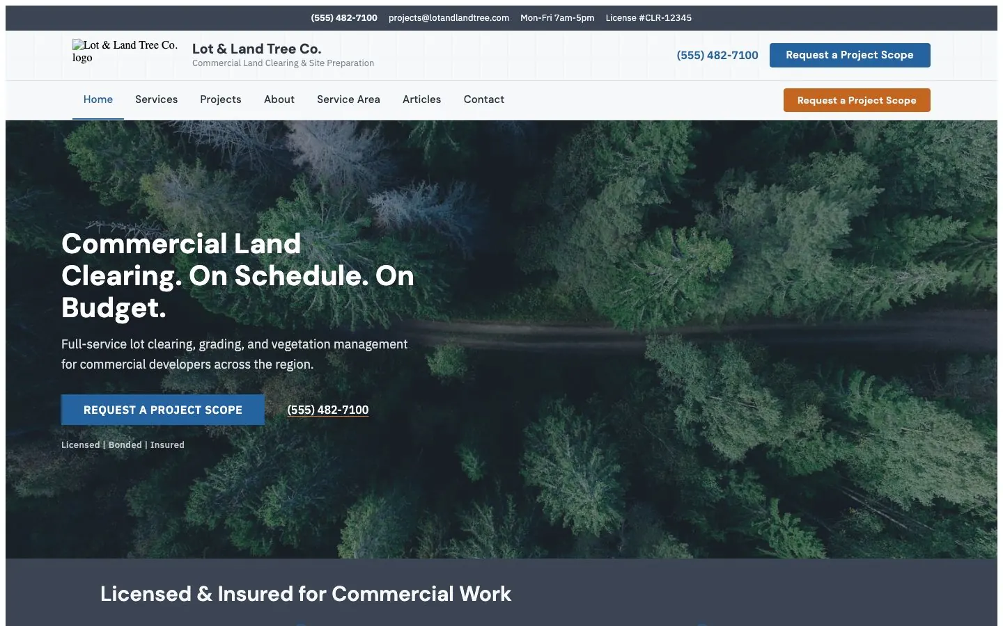 Lot and Land design on a laptop, sample site for Lot & Land Tree Co.