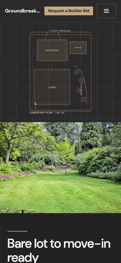 New Construction Ready design on a phone, sample site for Groundbreak Landscapes