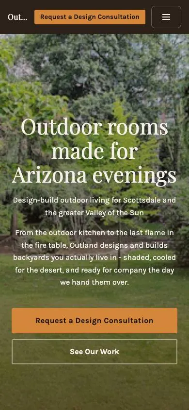 Outdoor Living design on a phone, sample site for Outland Outdoor Living
