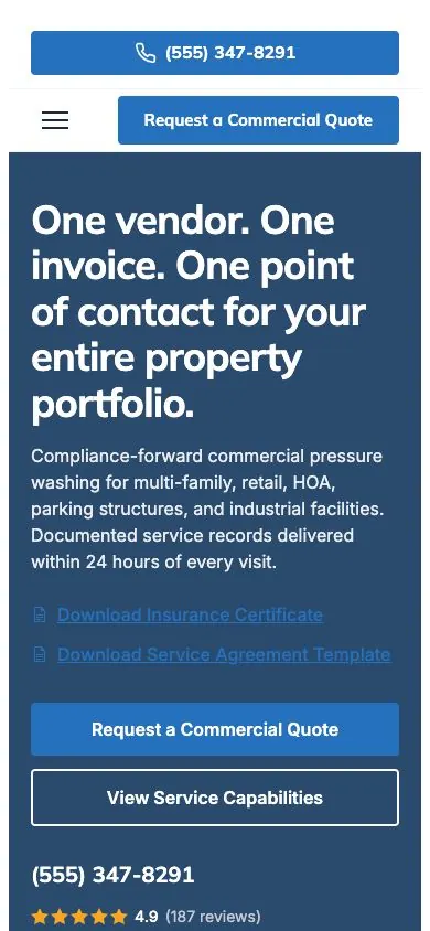 Property Command design on a phone, sample site for Meridian Commercial Property Wash