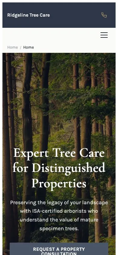 Ridgeline design on a phone, sample site for Ridgeline Tree Care