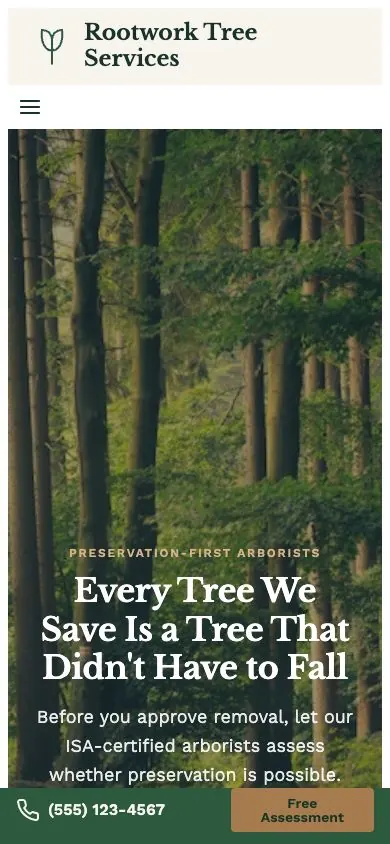 Rootwork design on a phone, sample site for Rootwork Tree Services