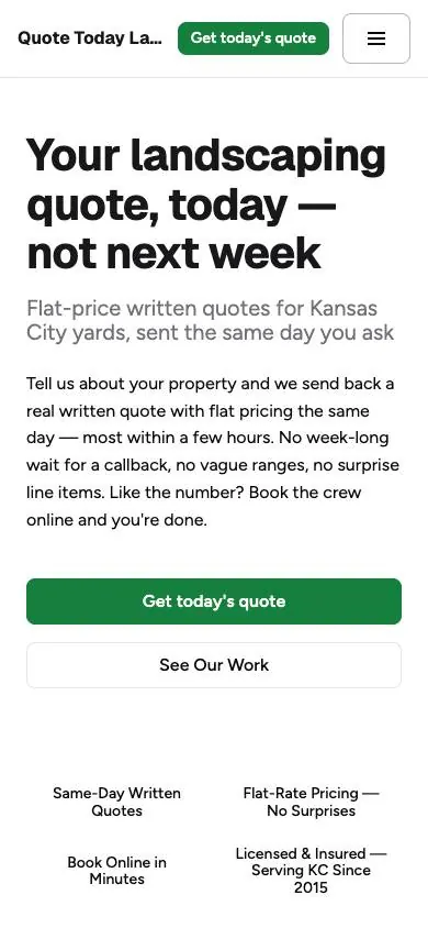 Same Day Quote design on a phone, sample site for Quote Today Landscaping