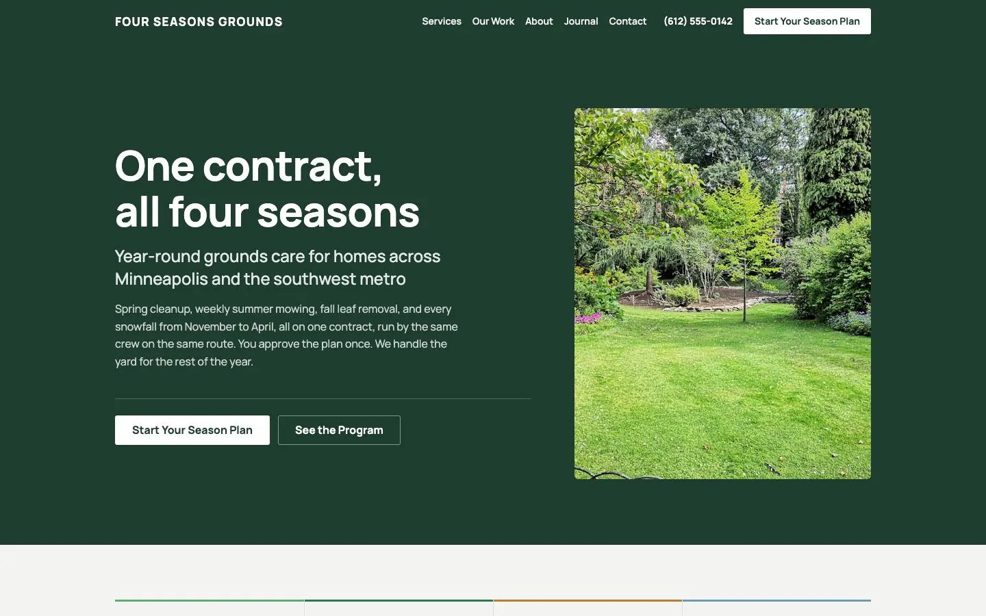 Seasonal Service Machine design on a laptop, sample site for Four Seasons Grounds