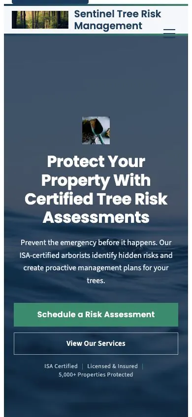 Sentinel design on a phone, sample site for Sentinel Tree Risk Management