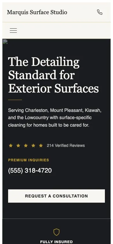 Showroom Standard design on a phone, sample site for Marquis Surface Studio