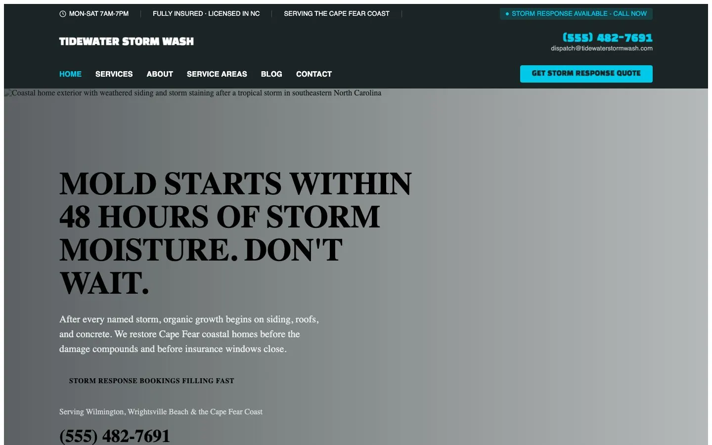 Storm Season design on a laptop, sample site for Tidewater Storm Wash
