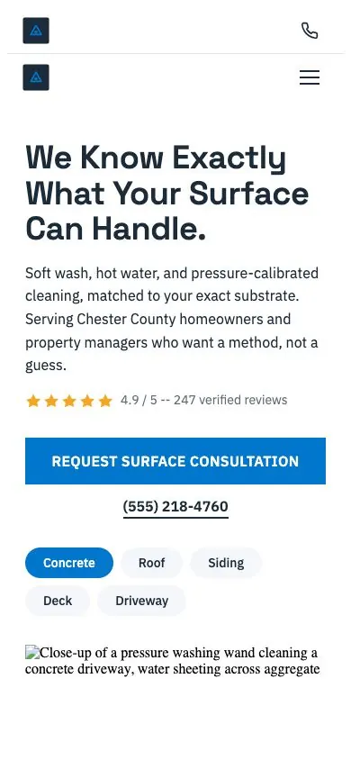 Surface Science design on a phone, sample site for Surface Spec Pressure Washing