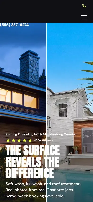 The Reveal design on a phone, sample site for BrightWash Exterior Cleaning