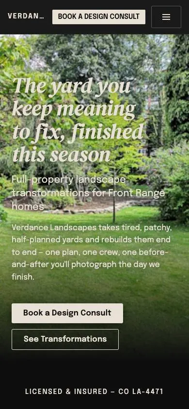 The Transformation design on a phone, sample site for Verdance Landscapes