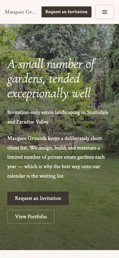 The Waiting List design on a phone, sample site for Marquee Grounds