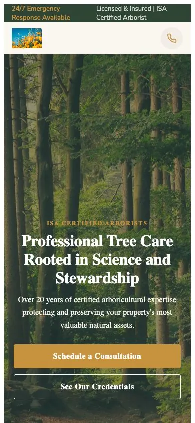 Understory design on a phone, sample site for Understory Tree Care